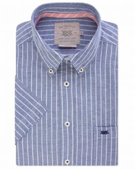 Blue and White Oxford Stripe Short Sleeve Casual Shirt