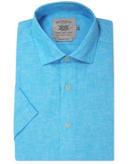 Aqua Blue Linen Blend Short Sleeve Casual Shirt
