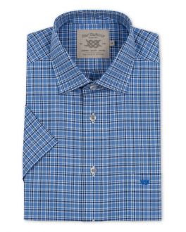 Blue, White and Navy Checked Short Sleeve Casual Shirt