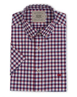Burgundy and Blue Check Short Sleeve Casual Shirt