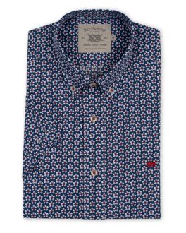 Navy and Red Flower Print Short Sleeve Casual Shirt