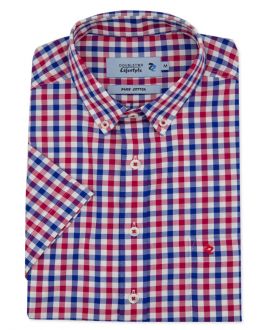 Red Basket Weave Check Short Sleeve Casual Shirt
