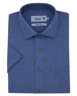 Denim Blue Linen Blend Short Sleeve Casual Shirt