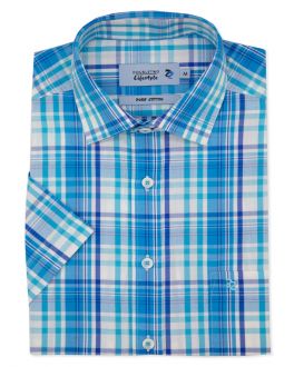 Blue Plain Weave Check Short Sleeve Casual Shirt
