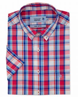 Red Plain Weave Check Short Sleeve Casual Shirt