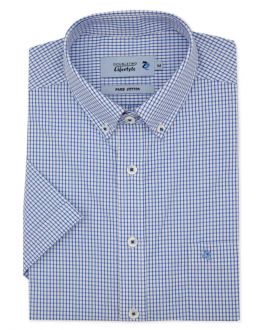 Cobalt Blue Plain Weave Check Short Sleeve Casual Shirt