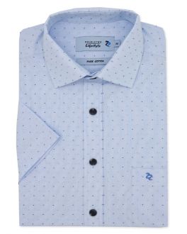 Blue Dobby Weave Patterned Short Sleeve Casual Shirt