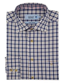 Biscuit & Navy Twill Check Long Sleeve Casual Shirt