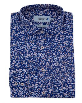 Slim Fit Navy & White Floral Print Long Sleeve Casual Shirt