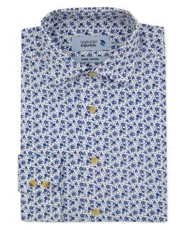 White & Navy Floral Print Long Sleeve Casual Shirt