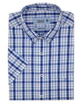 Navy Blue Double Grid Check Short Sleeve Casual Shirt