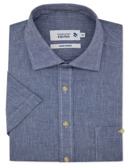 Mid Blue Linen Blend Short Sleeve Casual Shirt