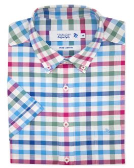 Blue & Red Large Gingham Check Short Sleeve Casual Shirt