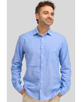 Mid Blue Linen Blend Long Sleeve Shirt