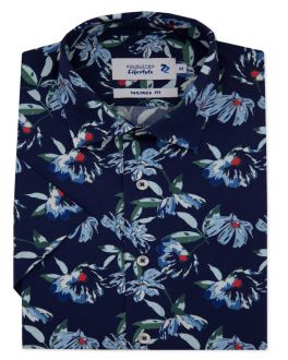 Tailored Fit Navy Flower Print Short Sleeve Casual Shirt