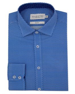 Slim Fit Mid Blue Geometric Print Long Sleeve Formal Shirt
