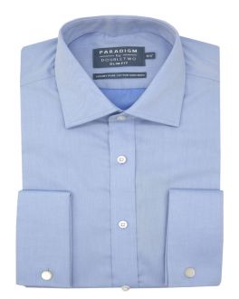 Tailored Fit Blue Non-Iron Pure Cotton Twill Shirt - Double Cuff