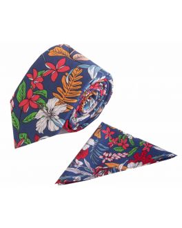 Red Floral Cotton Tie and Handkerchief Set