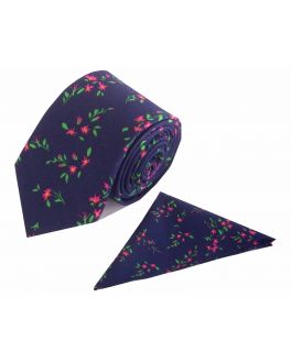 Pink Flower Patterned Cotton Tie and Handkerchief Set