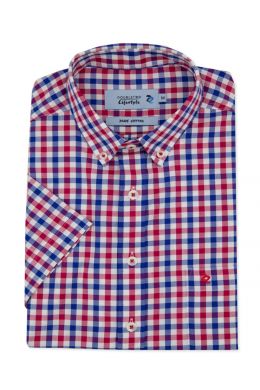 Red Basket Weave Check Short Sleeve Casual Shirt