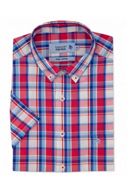Red Plain Weave Check Short Sleeve Casual Shirt