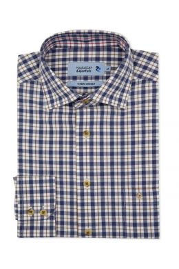 Biscuit & Navy Twill Check Long Sleeve Casual Shirt