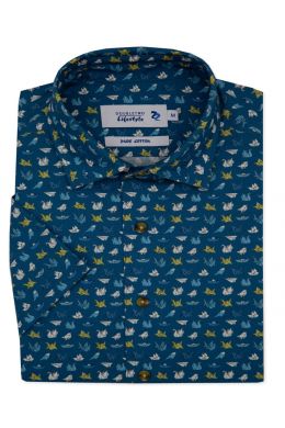 Blue Origami Print Short Sleeve Casual Shirt