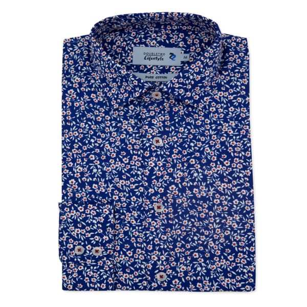 Slim Fit Navy & White Floral Print Long Sleeve Casual Shirt