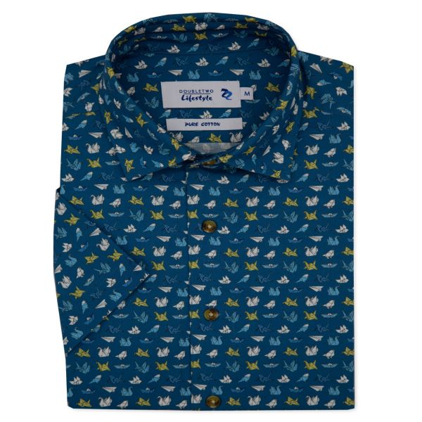 Blue Origami Print Short Sleeve Casual Shirt
