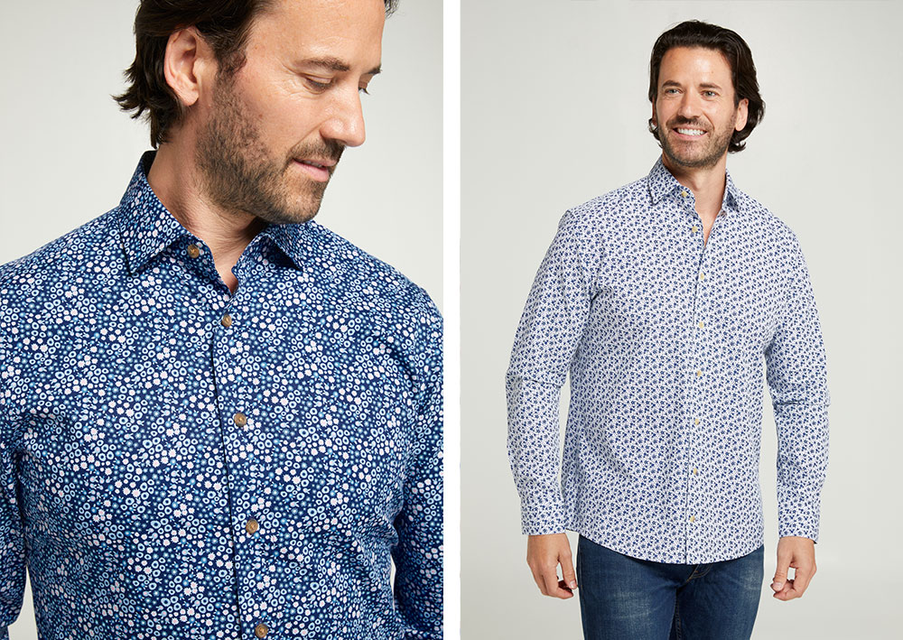 Slim Fit Sky Blue Flowerhead Print Casual Shirt (left), White & Navy Floral Print Casual Shirt (right).