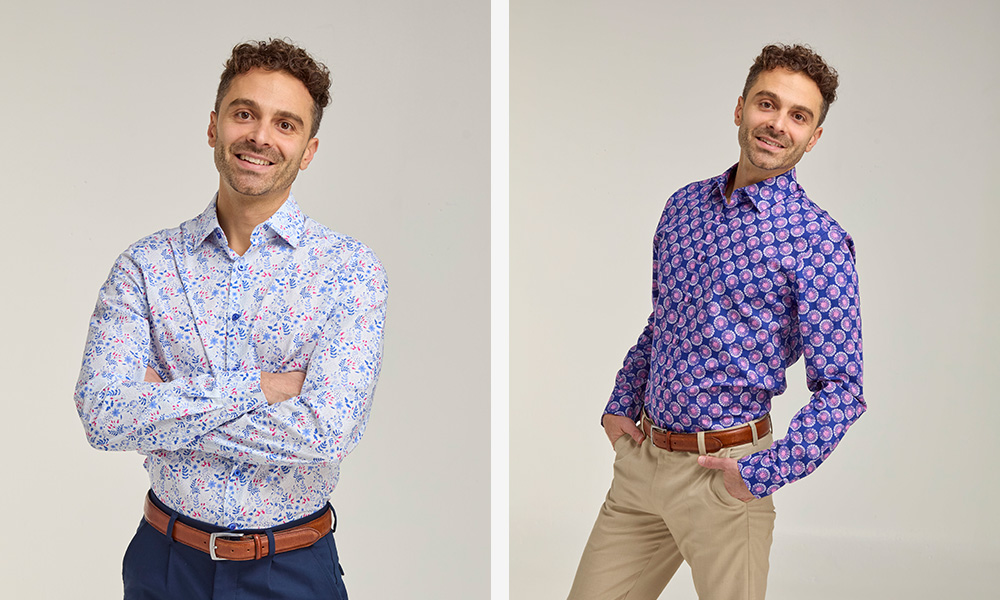 White & Blue Floral Print Formal Shirt (left) and Navy & Pink Flowerhead Print Shirt (right)  by double two